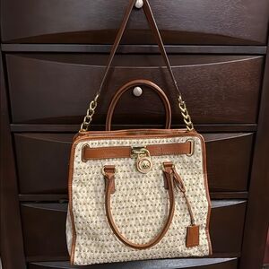 Michael Kors Cream and Brown Shoulder Bag with Signature Monogram